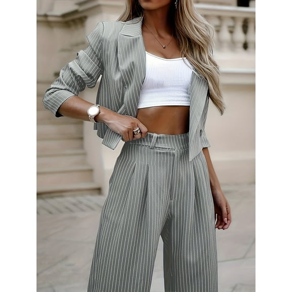 ZOELNIC Women's 2 Piece Blazer Set Striped Cropped Blazers Jacket High Waist Wide Leg Work Pants Business Suit Outfits, S