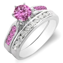 Dazzlingrock Collection 14K Round Pink Sapphire & White Diamond Ladies Bridal Engagement Ring Set, White Gold, Size 7.5