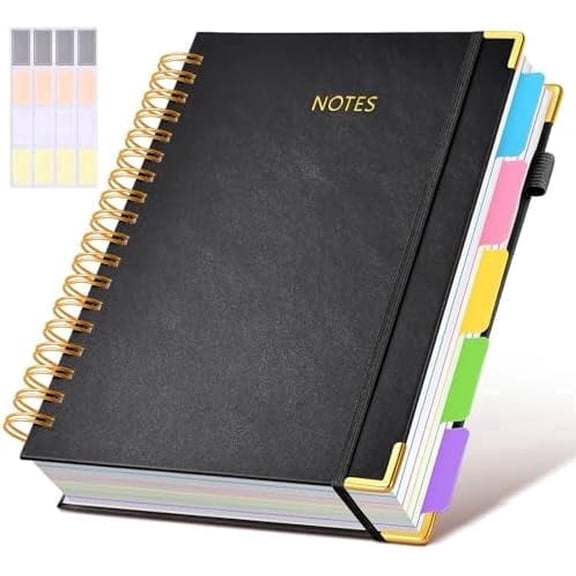 300-Page Leather Hardcover Spiral Notebook - 5-Subject Journal with Removable Dividers & Tabs, College Ruled, 8"x10" B5 for Work, School & Note Taking (Black)