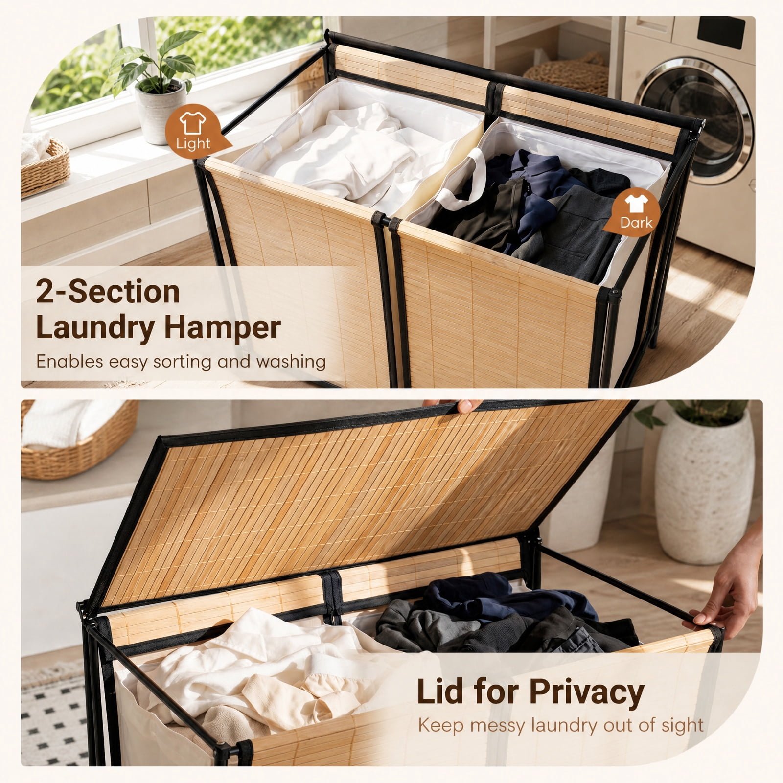 Vebreda 18.5-Gallon 2-Section Laundry Hamper with Lid & 2 Lockable Wheels, Rolling Clothes Hamper & Laundry Sorter with Removable Liner Bags for Bathroom & Bedroom