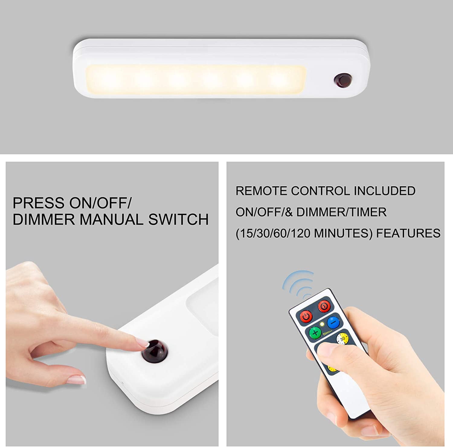 JJEAN-Under-Counter Light Bar,Dimmable Night Lighting with Battery Operated,Stick On Cabinet Light Bar,Auto-Off Timer 15,30,60,120 Minutes for Closet,Stairs,Shelf