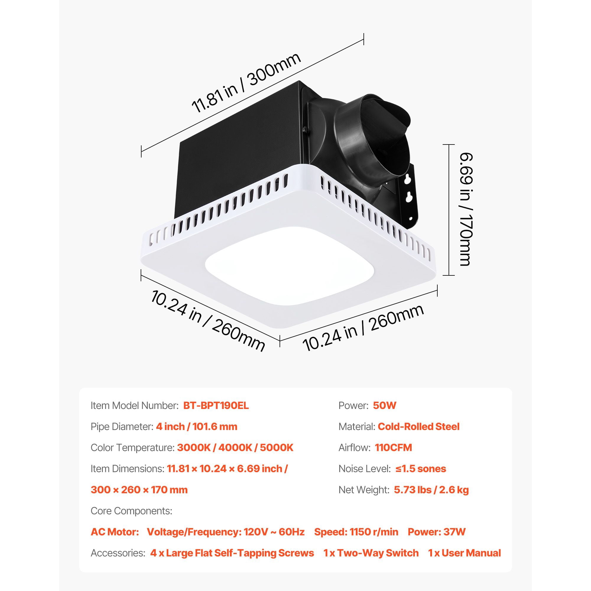 110 CFM Bathroom Exhaust Fan with LED Light, 3 Color Temperature Options, 1.5 Sones Low Noise, AC Motor for Laundry Room Home Ventilation