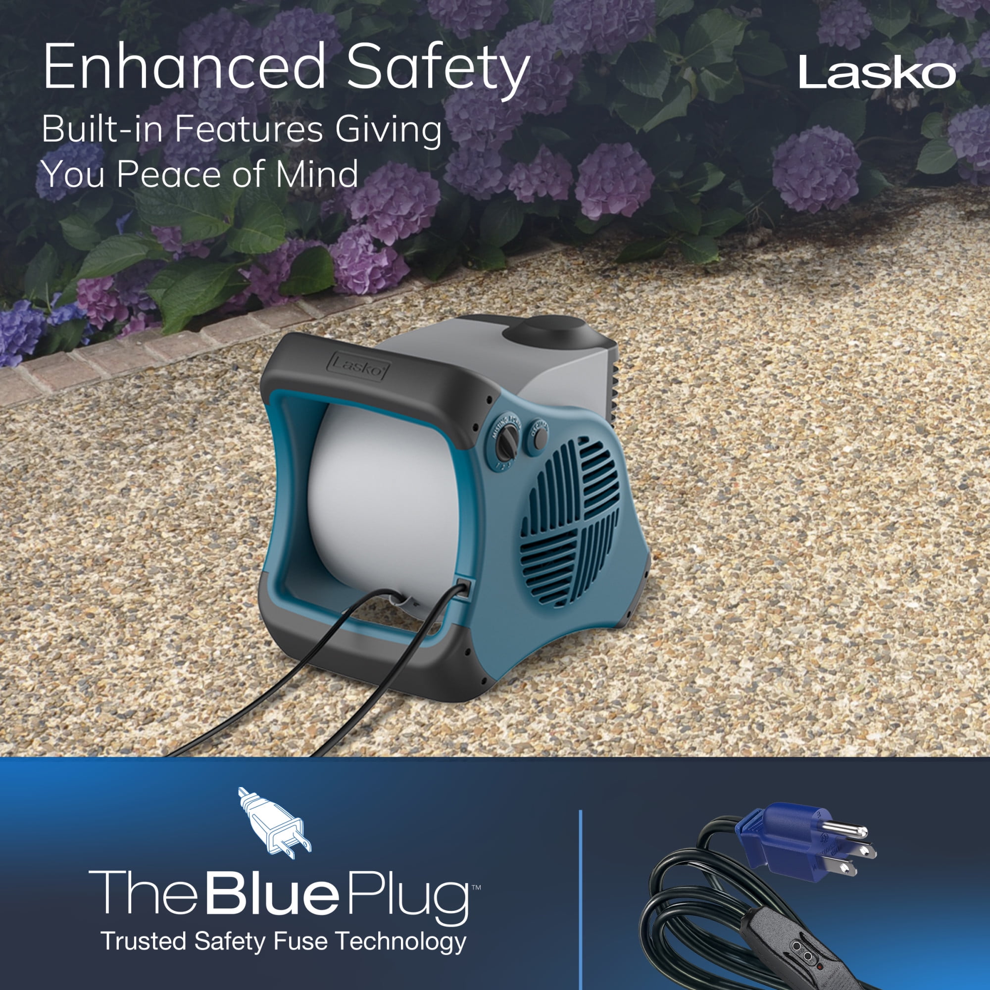 Lasko Misto 15" Outdoor Misting Fan, Pivoting Patio Cooling Fan with 3 Speeds, GFCI Safety Cord, Blue, 7054