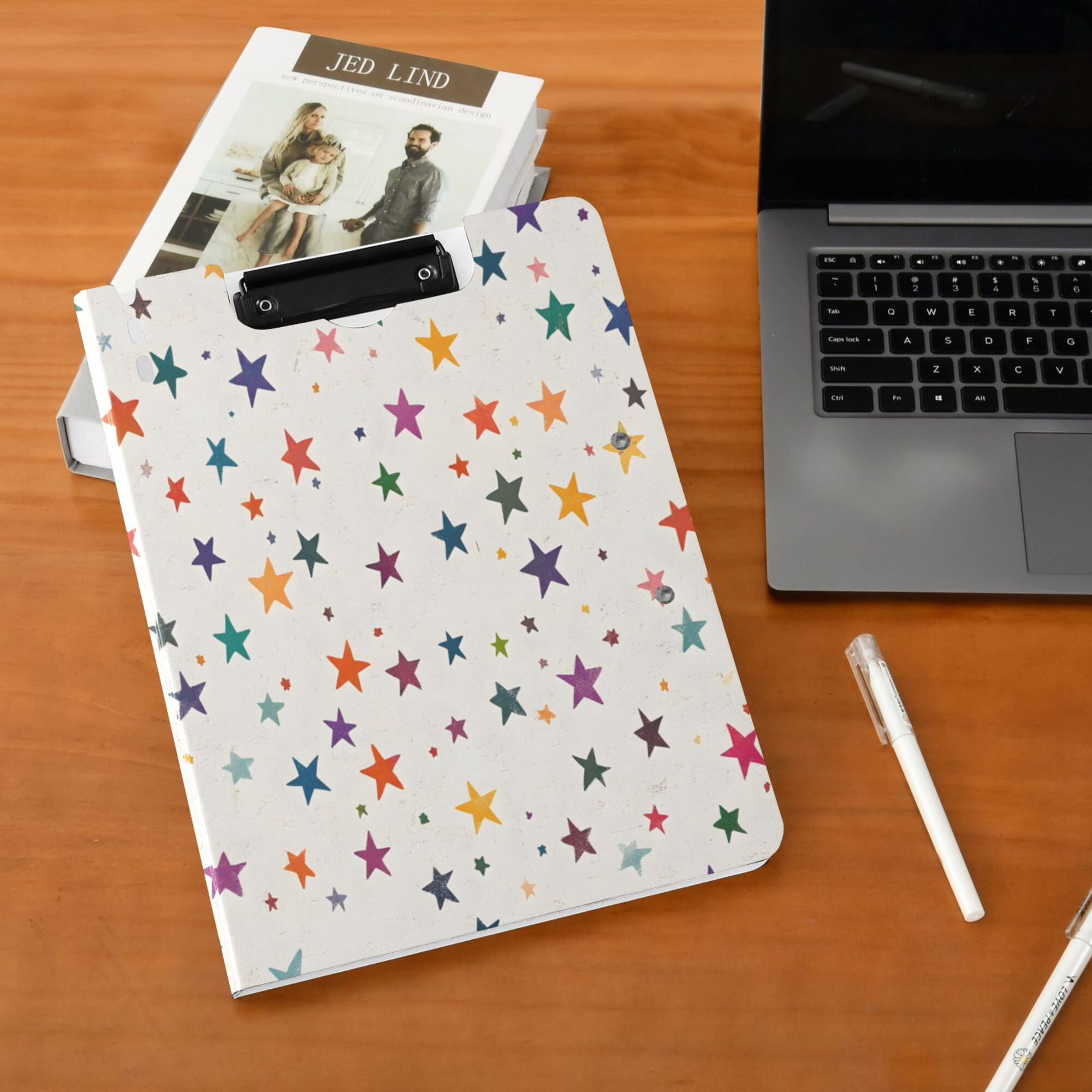 FORMRS A4 Clipboard Folder with Pen Holder Horizontal Foldable School Office Binder, Beige Stars
