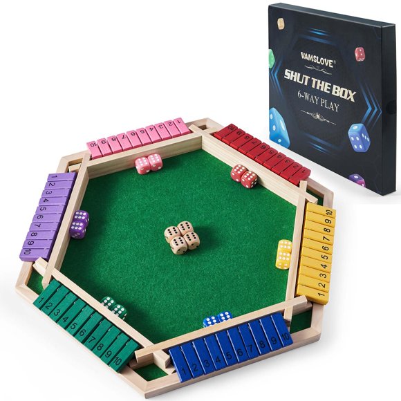 Juego Shut The Box Vamslove para 6 jugadores con 16 dados y bolsa
