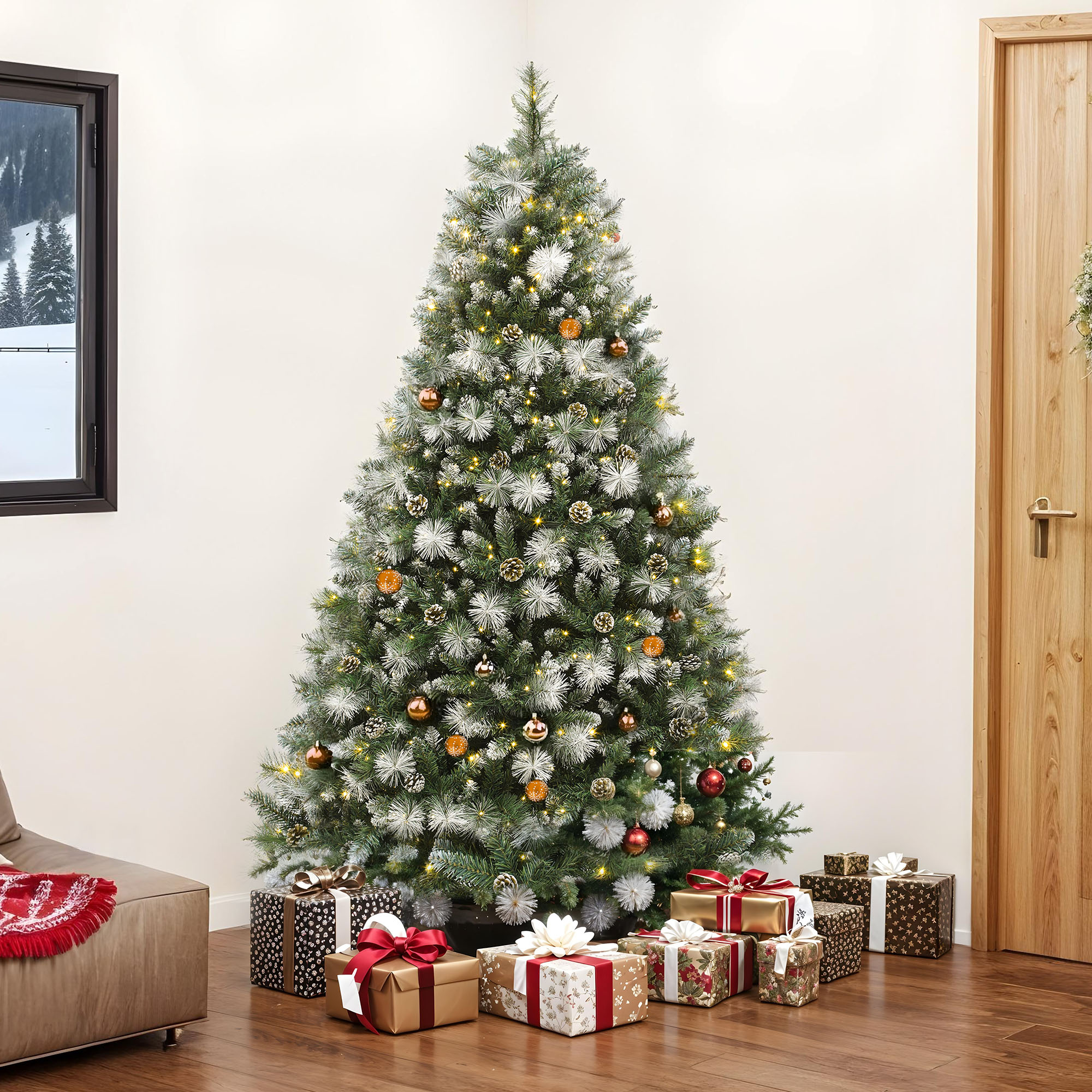 Uforic 7.5ft Pre-lit  Artificial Christmas Tree with 1399 Branch Tips & 750 Lights, Pre-Decorated Scotch Pine Christmas Tree with Remote, 11 Light Modes, 77 Pine Cones, Green