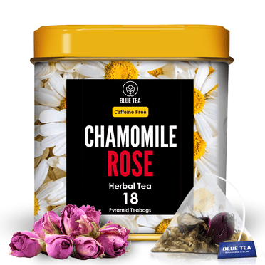 BLUE TEA - Chamomile Rose Flower Tea Bags - 18 Pyramid Tea Bags | Premium Eco- Friendly Tin Packaging | Caffeine Free - Herbal Tea