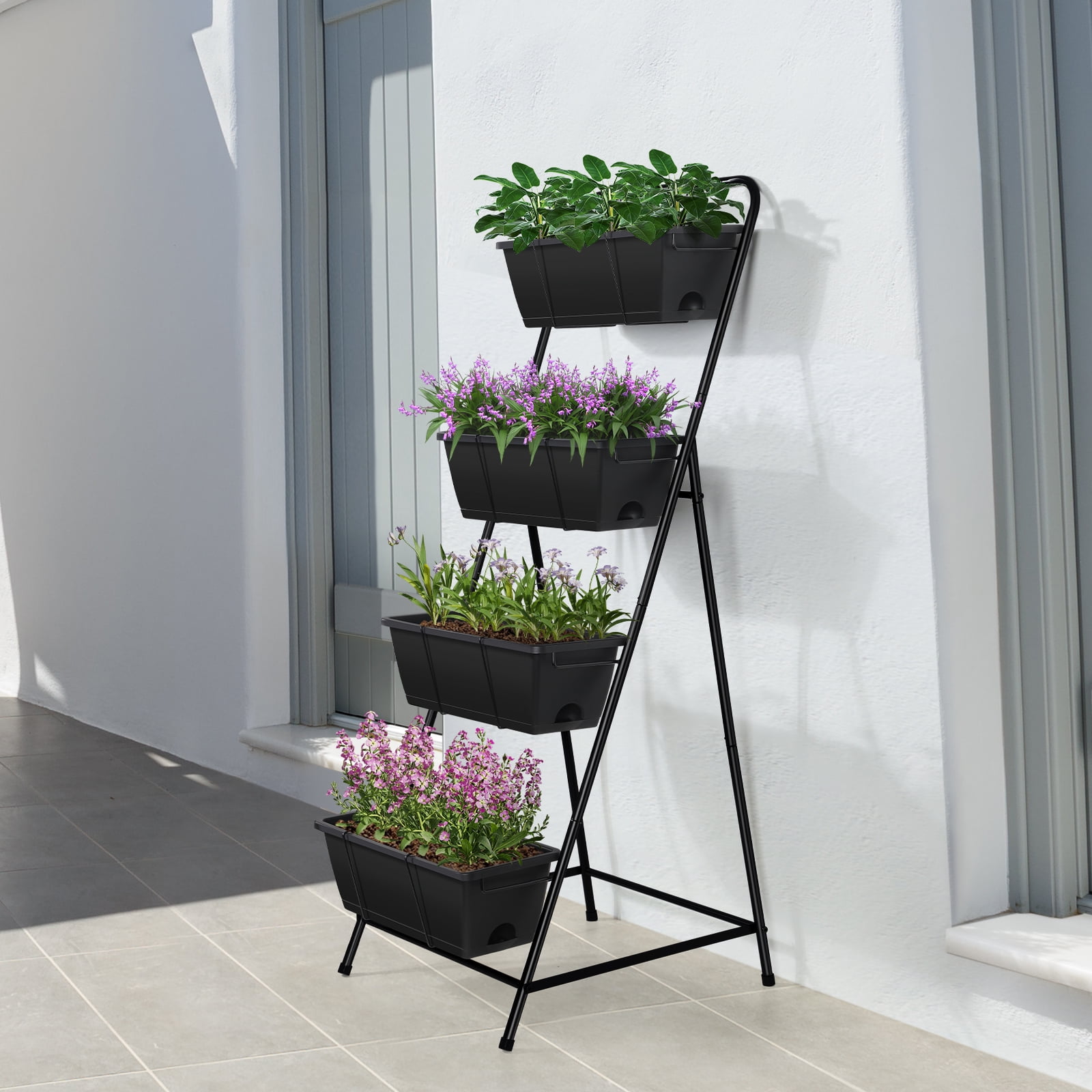 Outdoor 4-Tier Planter Rack with Drainage Holes and Removable Tray Brick Black Metal