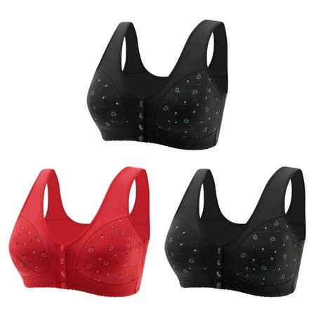 Bigersell Athletic Sports Bra Clearance 3pc Women Senior Elder Women Printed Front Buckle Without Underwire Underwear Soft Cotton Plus Size Underwear Bra Balconette Bra Style F-46 Red M