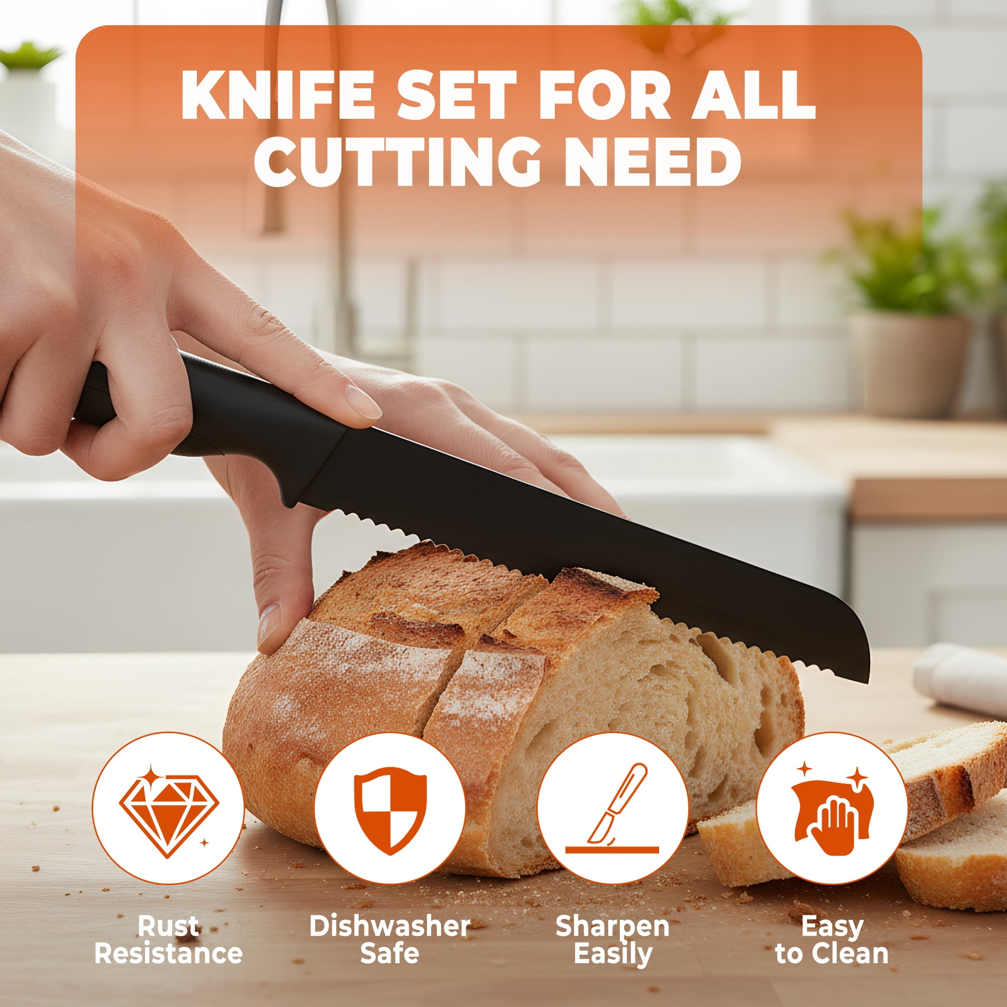 HDJ Kitchen Knife Set, 14Pcs Knife Set with Block and Built-in Sharpener, Healthy Anti-Rust Coating, Black
