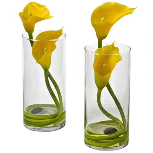 Double Calla Lily avec Cylindre, Jaune - Ensemble de 2