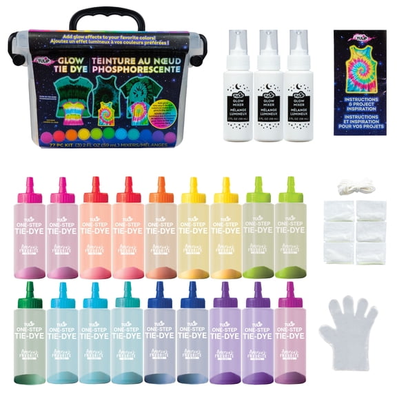 Tulip Glow Tie-Dye Tub, Design Your Looks, Add Glow Effects to Your Favorite Colors, Includes 18 Easy-Squeeze Dye Bottles and Glow Pigments/Mixers, All-in-One Party Activity Kit, 77 pieces