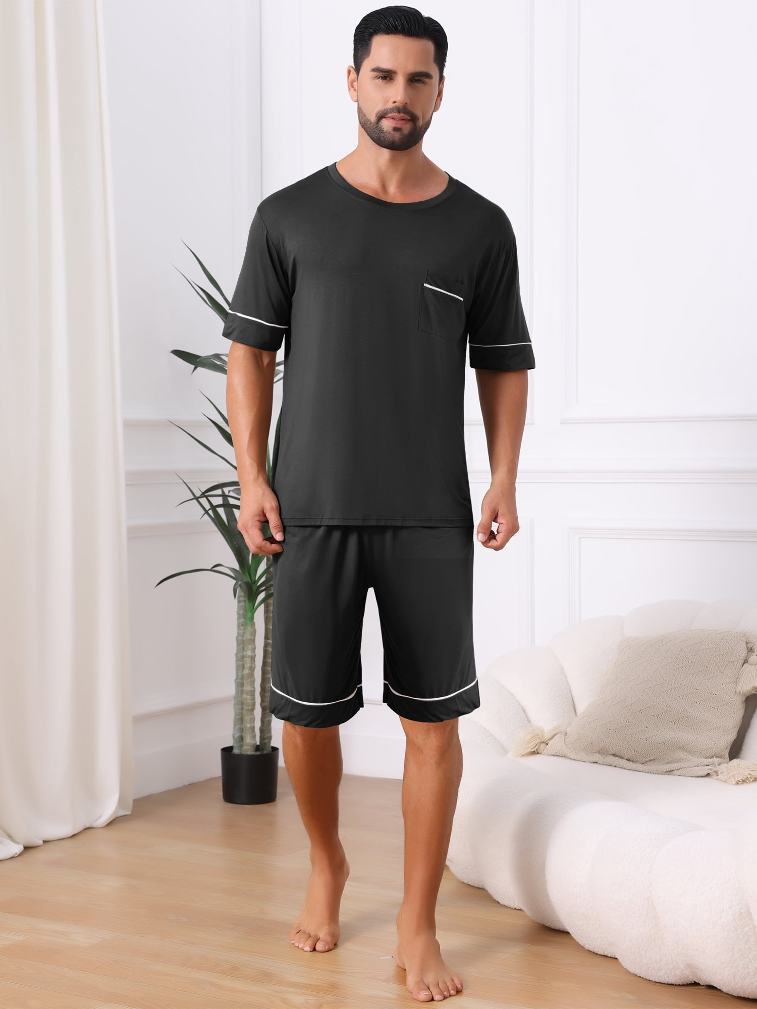 DARING DIVA Men's Soft Nightwear Summer Crew Neck Pajama Set with Pockets L Black