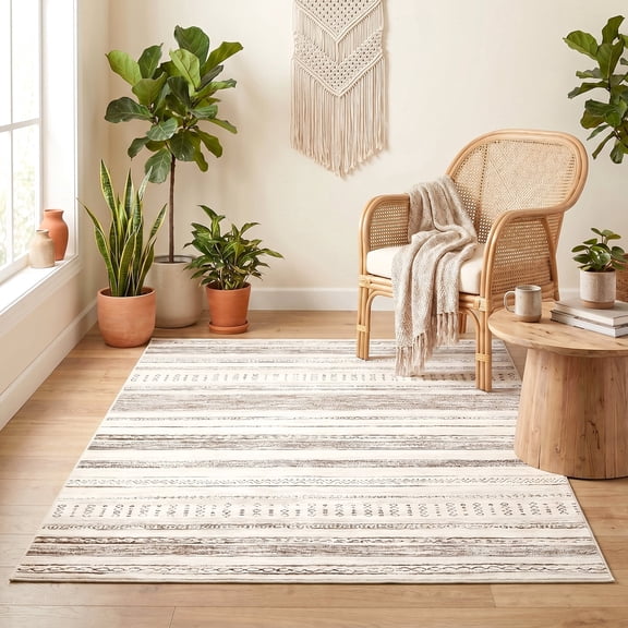 ICEANT Persian Rectangle Rug 5'x7' Area Rug, Boho Vintage Non-Slip Carpet for Living Room, Washable Soft Mat for Bedroom, Anti-Slip Floor Pad, Ivory