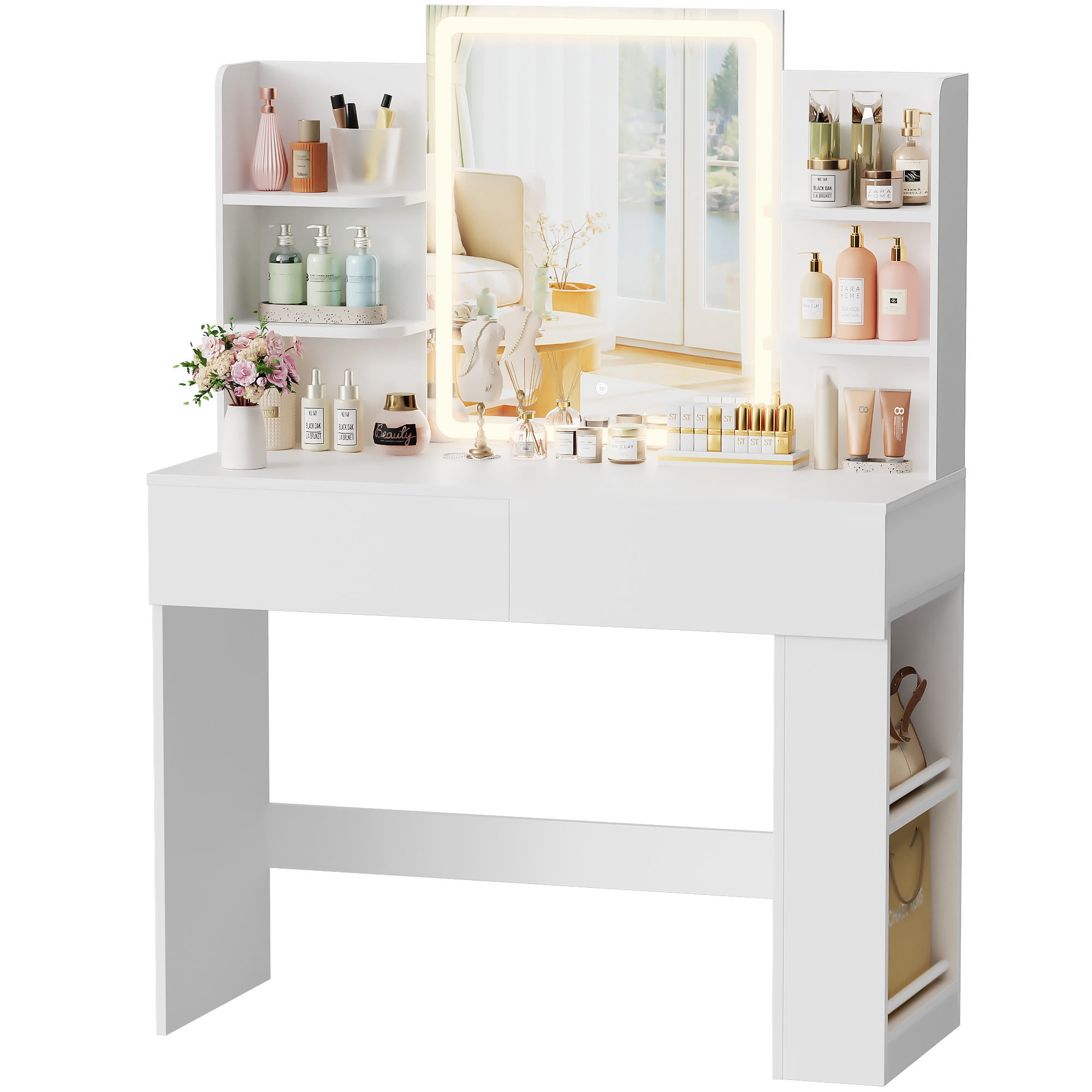 Homall Vanity Desk with 3 Colors LED Lighted Mirror, Makeup Vanity with Storage Shelves and Drawers, Vanity Table Dressing Table for Bedroom, White