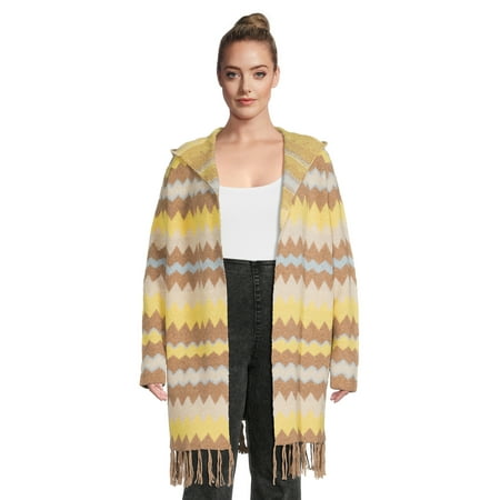 Absolutely Famous Women's Plus Jacquard Fringe Cardigan Sweater with Hood, Midweight