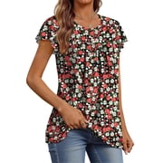 Fantaslook Womens Blouses Dressy Casual Pleated Tunic Tops Floral Ruffle Sleeve Summer Shirts