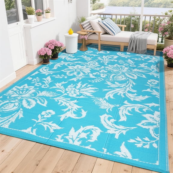 8 x 10 Waterproof Outdoor Rug for Patio, Foldable Reversible Modern Area Rug, Floral Large Plastic Straw Mat for Camping, RV, Porch, Backyard, Deck, Picnic, Beach, Light Blue & White