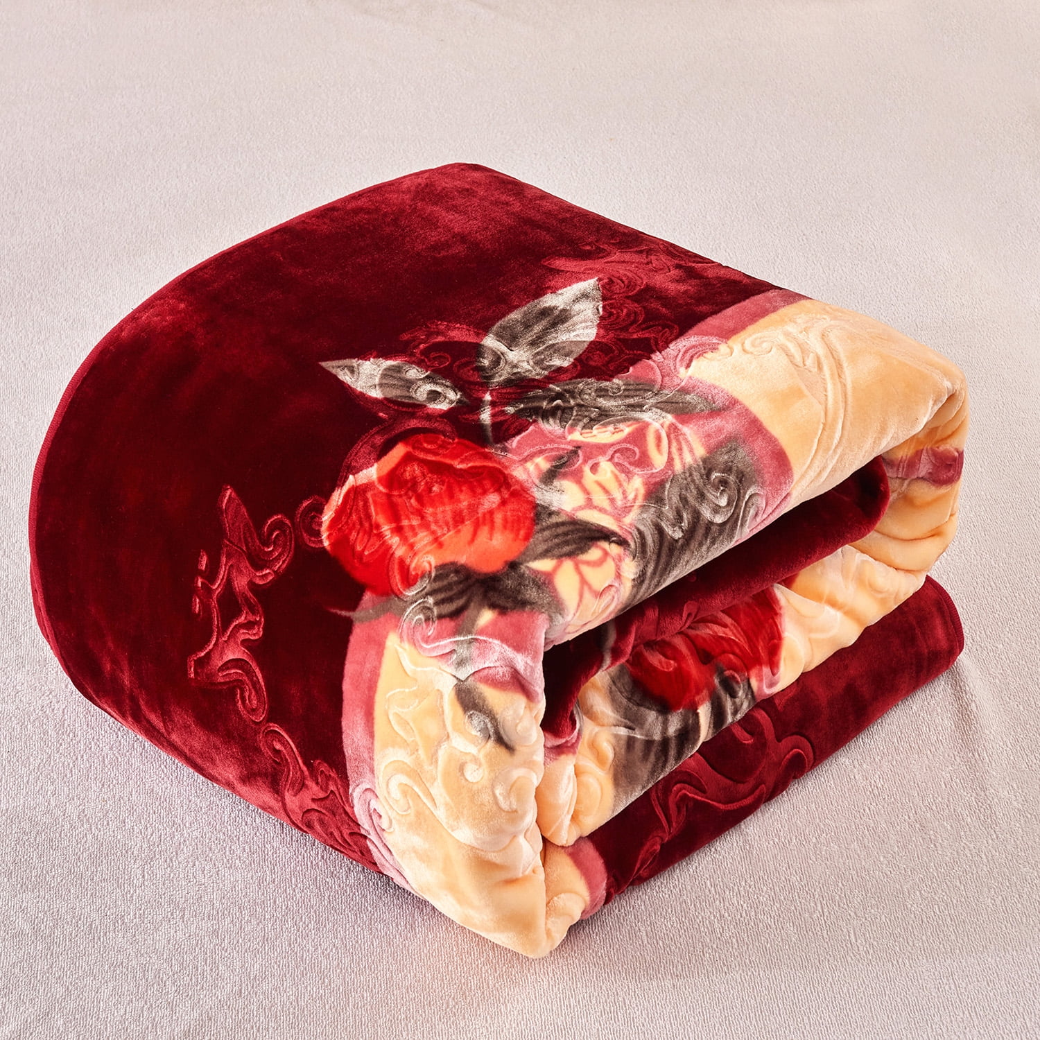 Heavy Thick Fleece Blanket King Size, 9lbs,1 Ply Silky Soft Warm Flower Embossed Raschel Winter Blanket, Minky Soft Plush Blanket for Sofa Bed, 85"x95", Burgundy Floral
