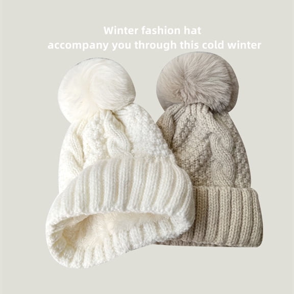 Skymirror Women Fall Winter Hat Thickened Knitted Soft Elastic Warm Anti slip Ear Plush Ball Decor Twisted Pattern Outdoor Beanie Cap