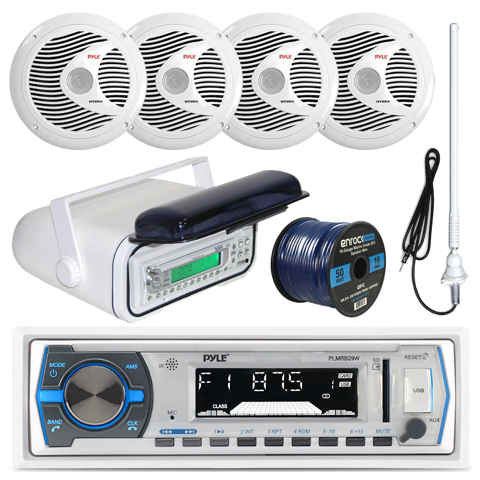 White Color Marine Boat Yacht In Dash MP3 Stereo Player & 4 Silver Box Speakers 
