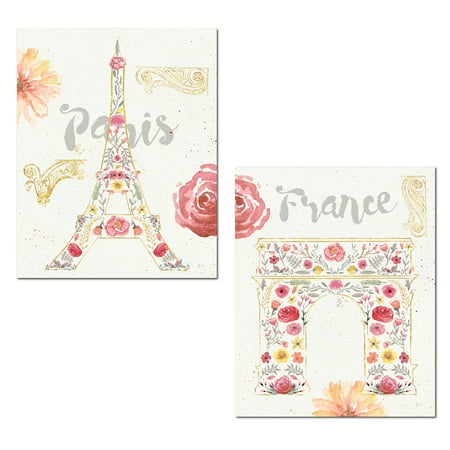 Paris France Tower - Gorgeous Watercolor-Style Paris France Eiffel Tower and Arc de Triomphe by Jess Aiken; Two 11x14in Posters. Pink/Cream/Gold