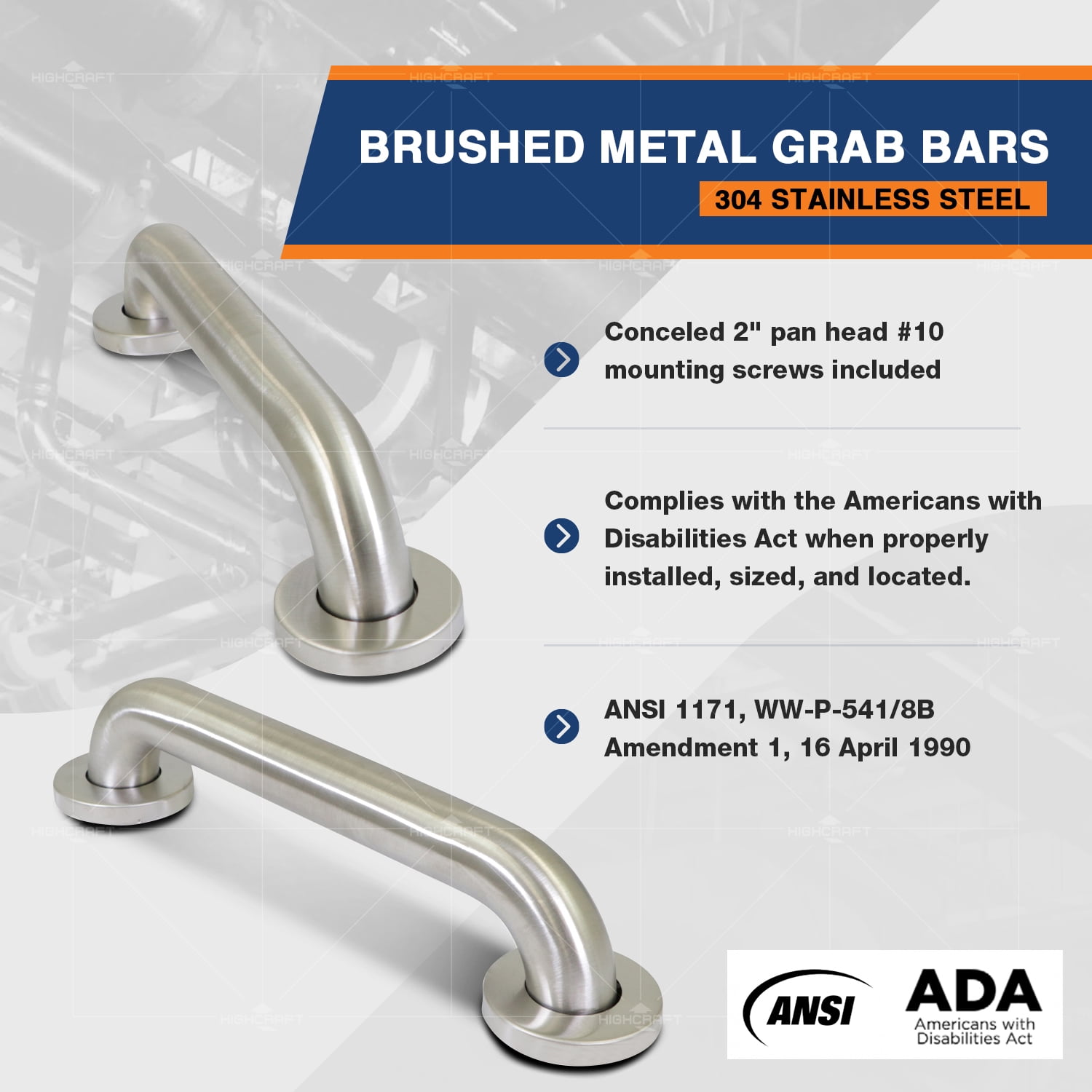 Highcraft Grab Bar for Bathtubs and Showers, Shower Grab Bars for Seniors and Elderly, Safety Bar for Bathroom 24" x 1.5" ADA Compliant Grab Bar, Heavy Duty Stainless Steel Shower Handle Wall Mount