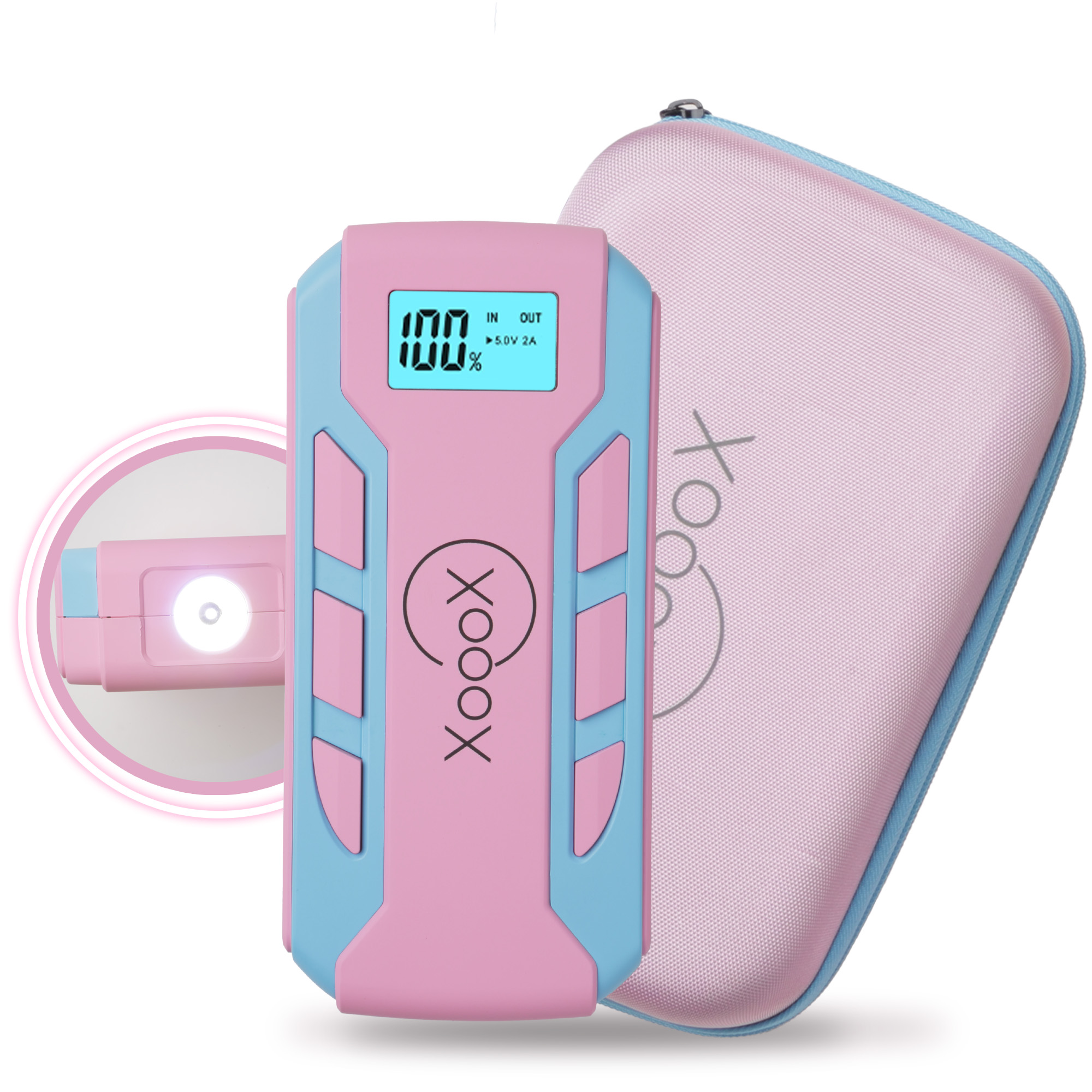 XoooX Pink Portable Car Battery Jump Starter Kit with Jumper Cables, LED Light and Case; 12V Jump Start Battery Pack; Portable Battery Charger for USB/USB-C Devices