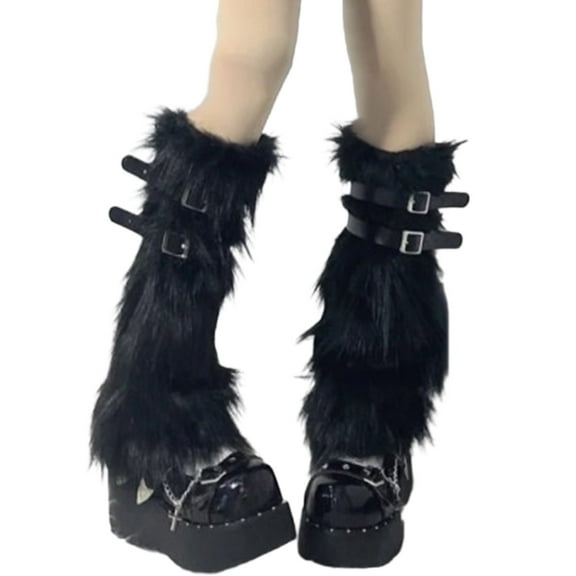 Women Furry Party Costume Buckle Faux Furs Fuzzy Long Boots Shoes Cuffs Cover Leg Warmers/Boot Sleeves/Boot Covers