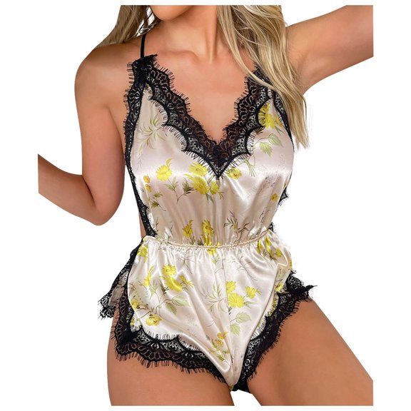 Odeerbi Ice Silk Onesie Pajamas for Women Sleep Rompers Sexy Lace Strap Bodysuit Fashion Printed Comfortable Backless Jumpsuit Yellow