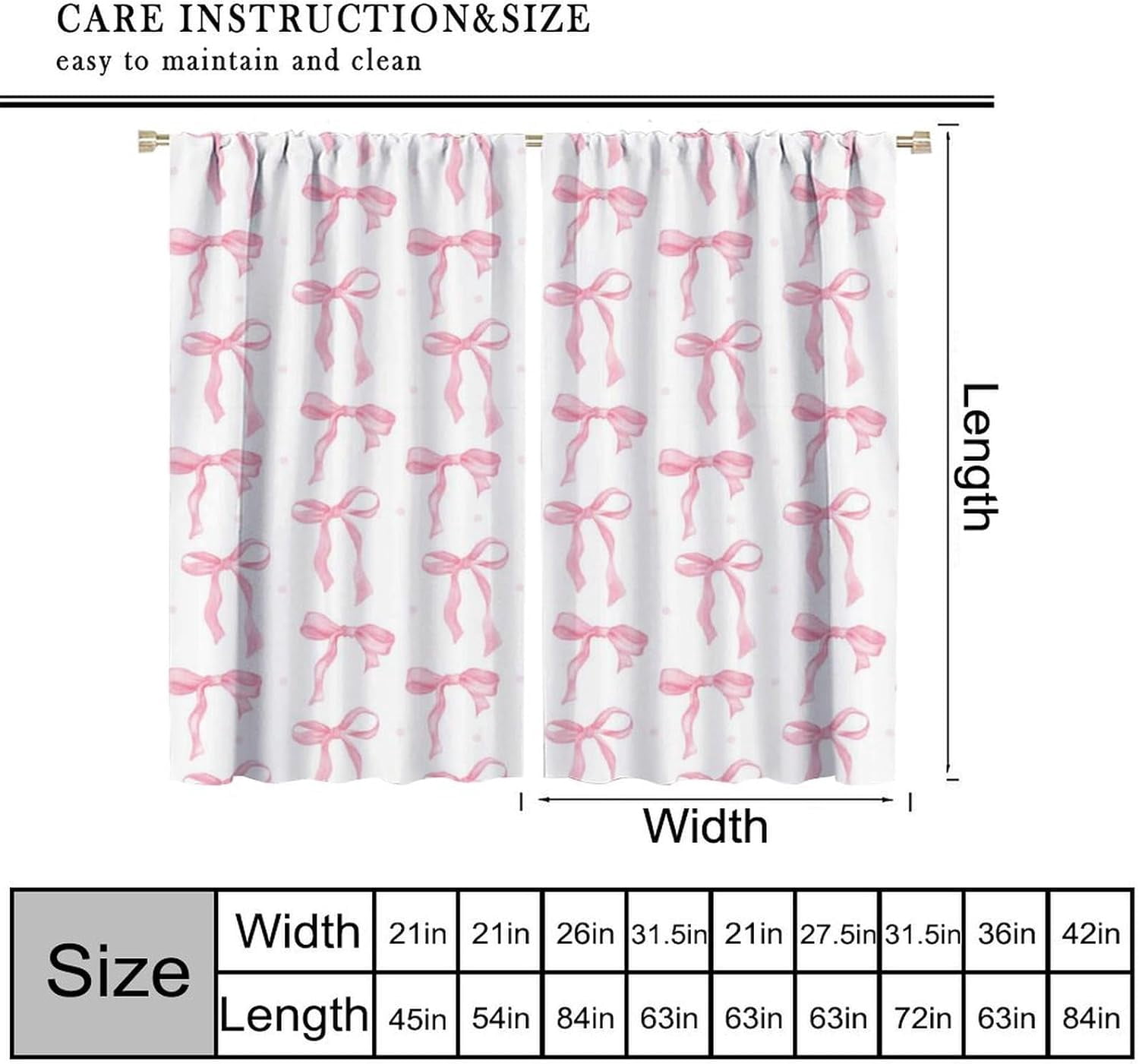 Pink Bow Curtains, Watercolor Cute Girls Pink Bow Modern Aesthetic Print Window Treatments for Kids Girl Bedroom Bathroom, 42x54in (No )