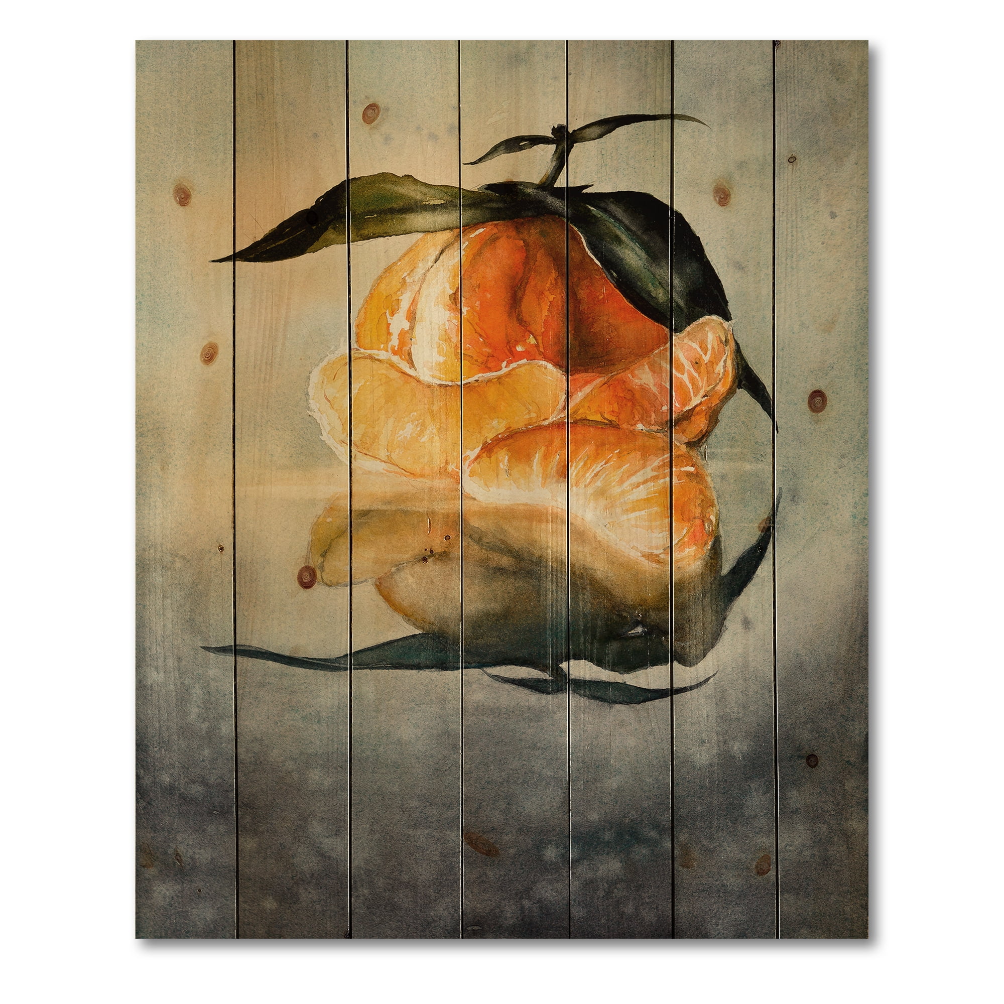 Designart 'One Peeled Fresh Orange Mandarin Under Green Leaves' Traditional Print on Natural Pine Wood