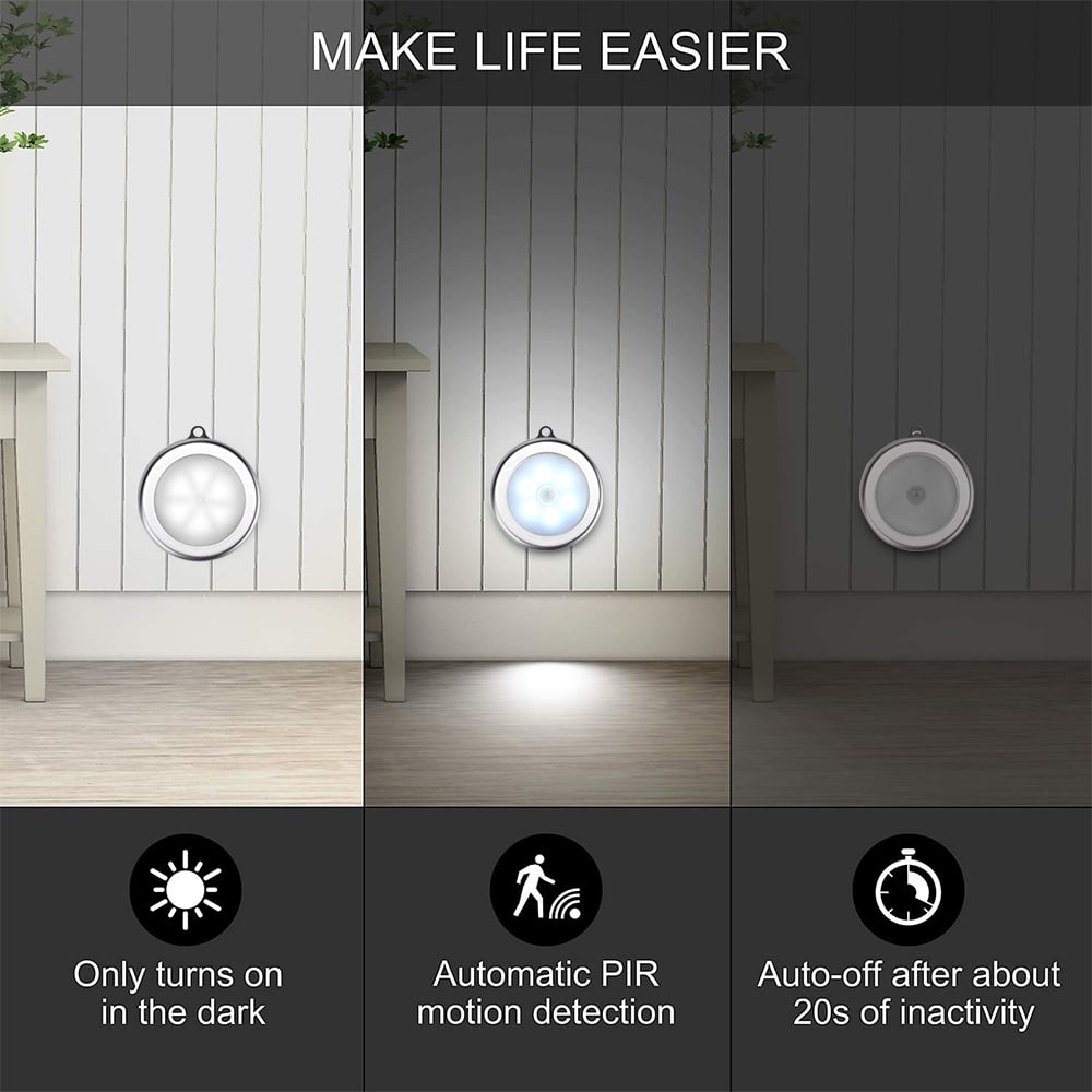 6Packs Motion Sensor Light Indoor,LED Closet Lights,Night Light Battery Powered,Battery Operated Cabinet Light,Wireless Wall Puck Lamp Stick for Stair,Step,Hallway,Garage,with Hanging rope(White)