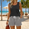 thumbnail image 2 of Gingham Check 2-Piece Set for Women - Solid Square Neck Tank Top & Elastic Waist Drawstring Shorts with Pockets, Vintage Summer Picnic Outfit Black L, 2 of 9