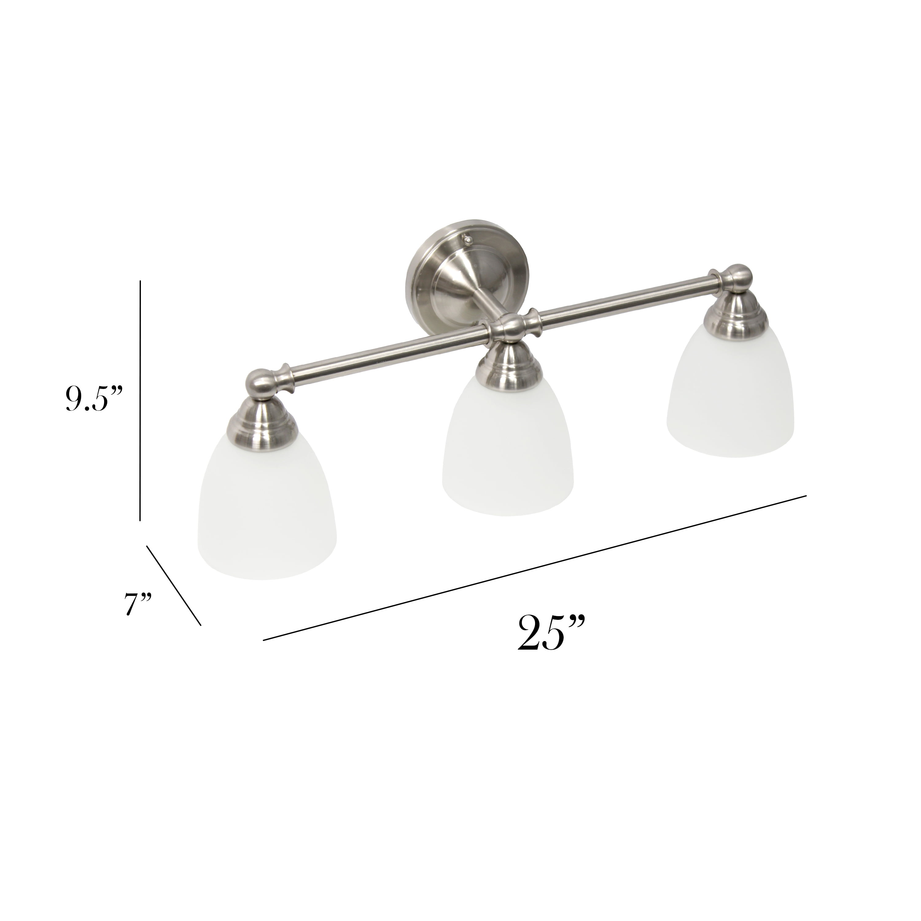 Simple Designs 25" Classic 3 Light Metal Bar and Frosted Cone Shape Glass Shades Decorative Wall Mounted Vanity Fixture For Bathroom, Entryway, Hallway, Brushed Nickel