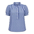 thumbnail image 5 of TEAJOPSUU Plaid Tops for Women V Neck Short Sleeve Button Down Placket Shirts Trendy Puff Sleeve Solid Color Blouses Blue, 5 of 8