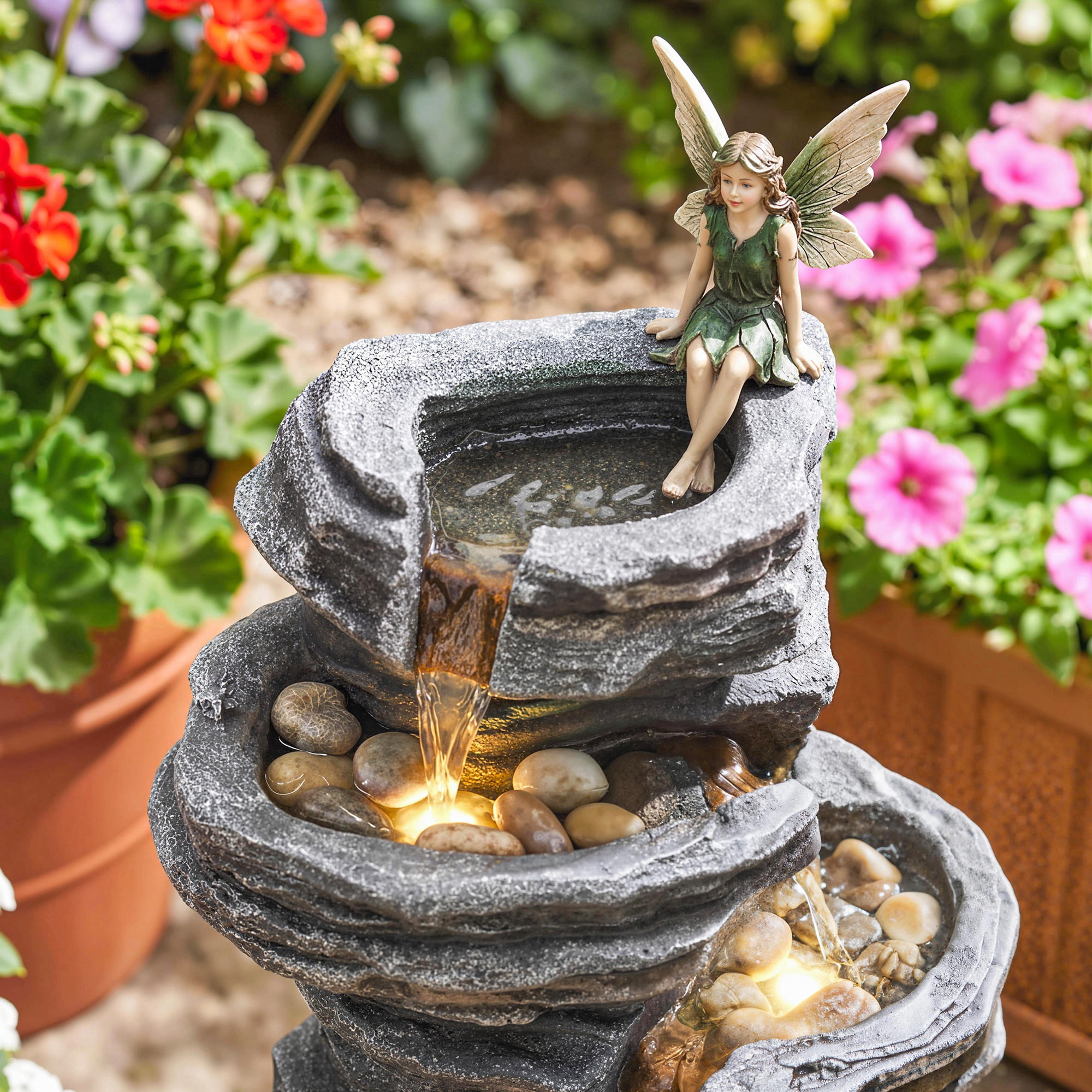 Outsunny 40" Tall Outdoor Waterfall Fountain with LED Lights, 6-Tier Cascading Waterfall Feature with Pump, Gray