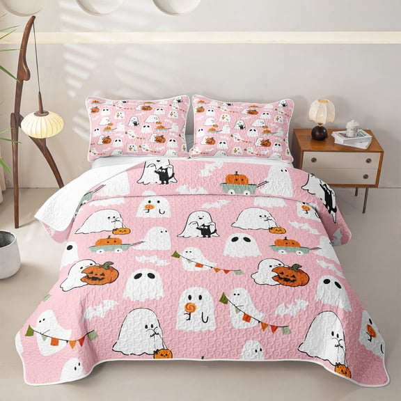 Homewish Cute Cartoon Halloween Ghost Twin Quilt Set,Pumpkin Bat Banner Print Twin Coverlet Set,Blush Pink,2 Pieces