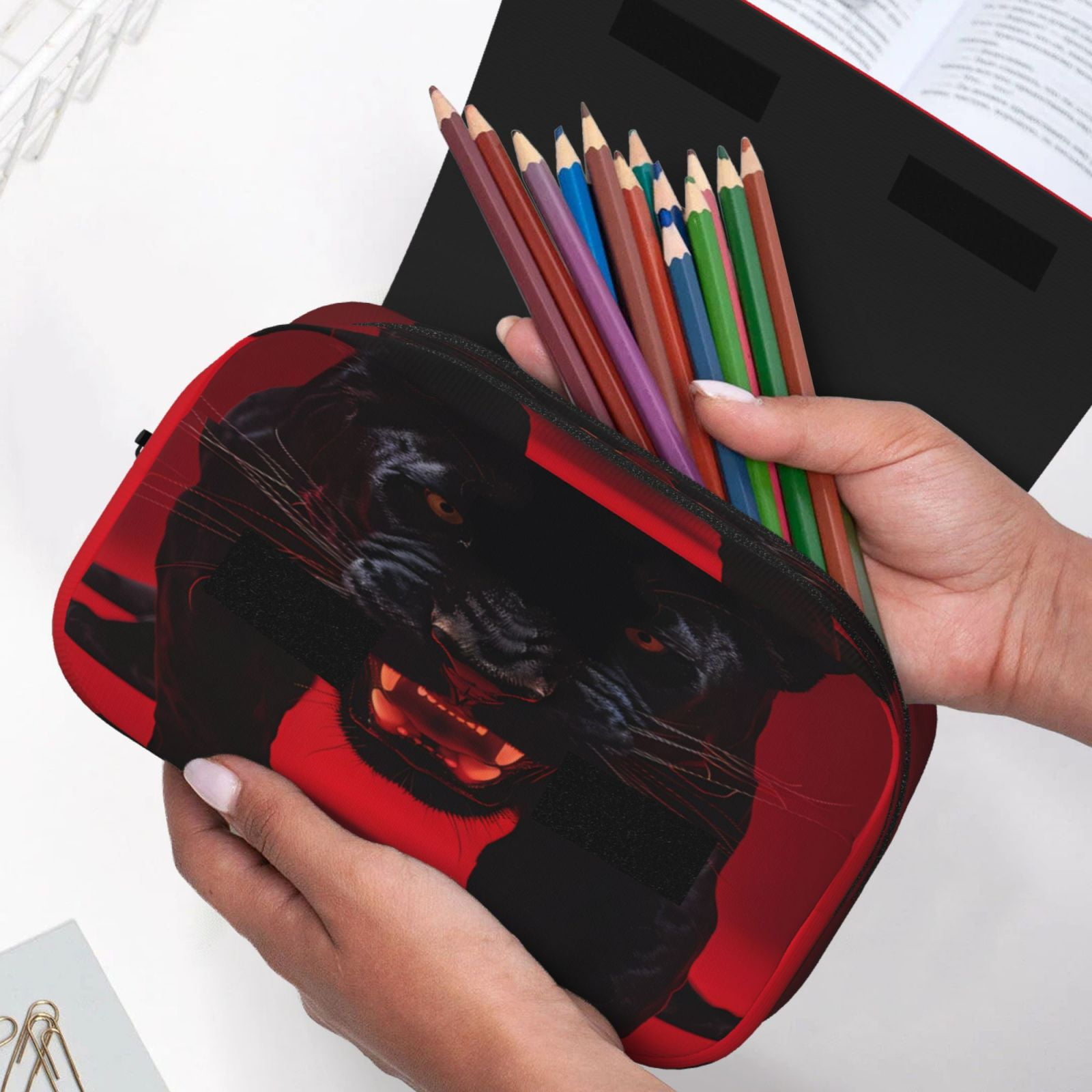 Rateoe Panther Red Background Pattern Double Clamshell Pen Case, Storage Organizer with Two Zipper Compartments– Holds Up to 50 Pencils & Pens