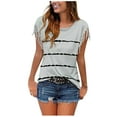 thumbnail image 1 of QLEICOM Women Stripe Tassels Short Sleeve Crewneck T-shirt Blouses Shirts Tops Gray L, US Size 8, 1 of 7