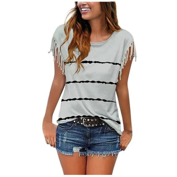 QLEICOM Women Stripe Tassels Short Sleeve Crewneck T-shirt Blouses Shirts Tops Gray L, US Size 8
