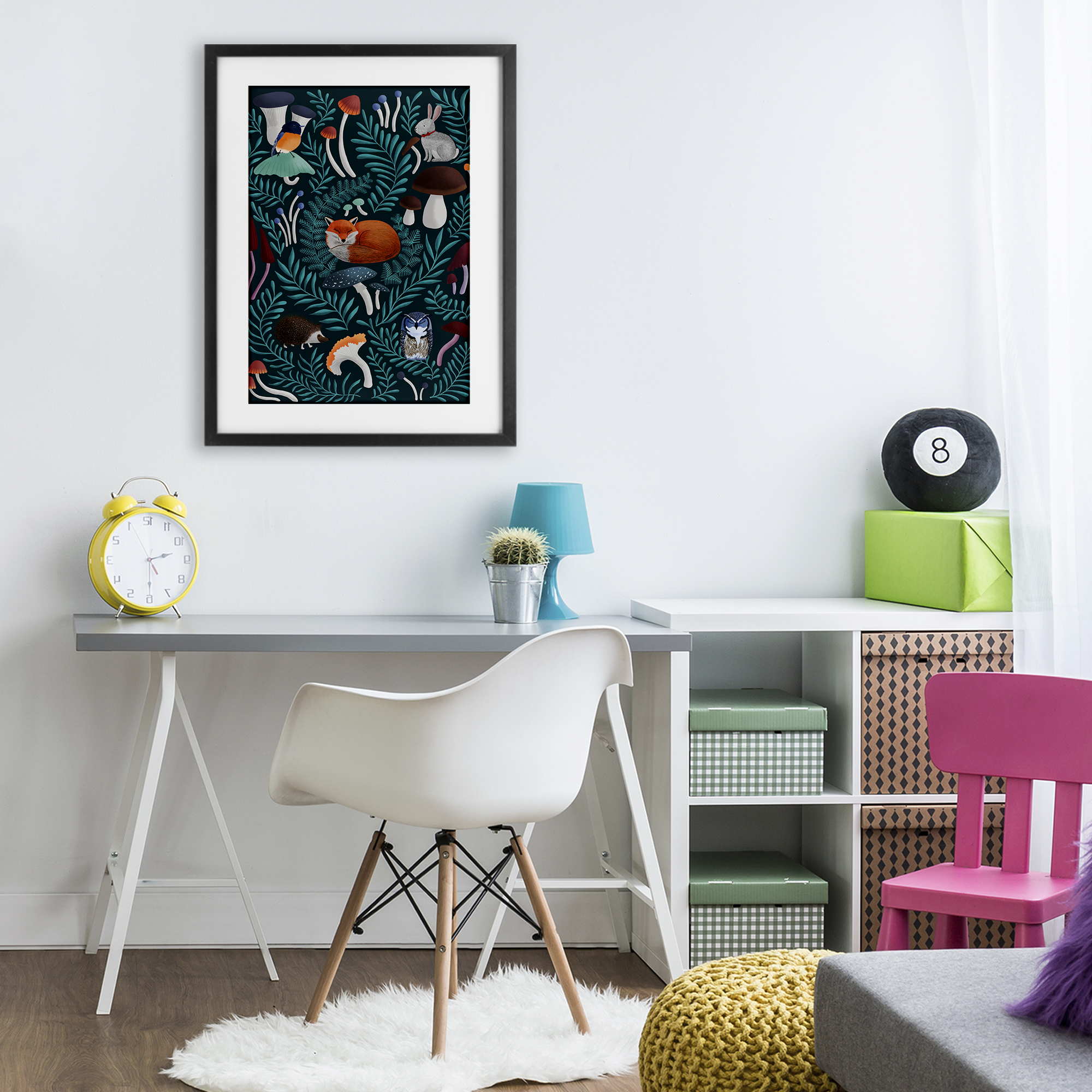 Woodland Animals & Botanical Sprigs Black Framed Print Under Glass, design by Metka Hiti