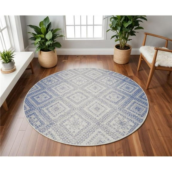 HomeRoots 552328 8 ft. Geometric Distressed Round Rug, Ivory & Blue