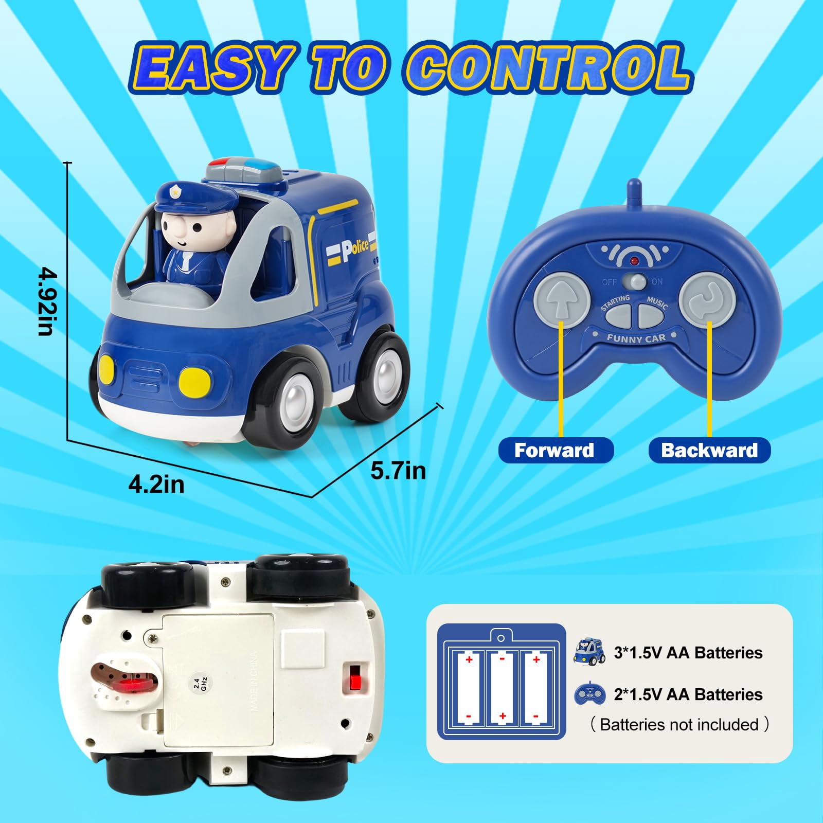 HYPERLIVING Remote Control Car for Toddlers - Birthday Gifts for Boys and Kids Ages 18+ Months, 2 3 4 5 Years, 2.4GHz RC Interactive Cartoon Police Car with Lights, Sounds & Music