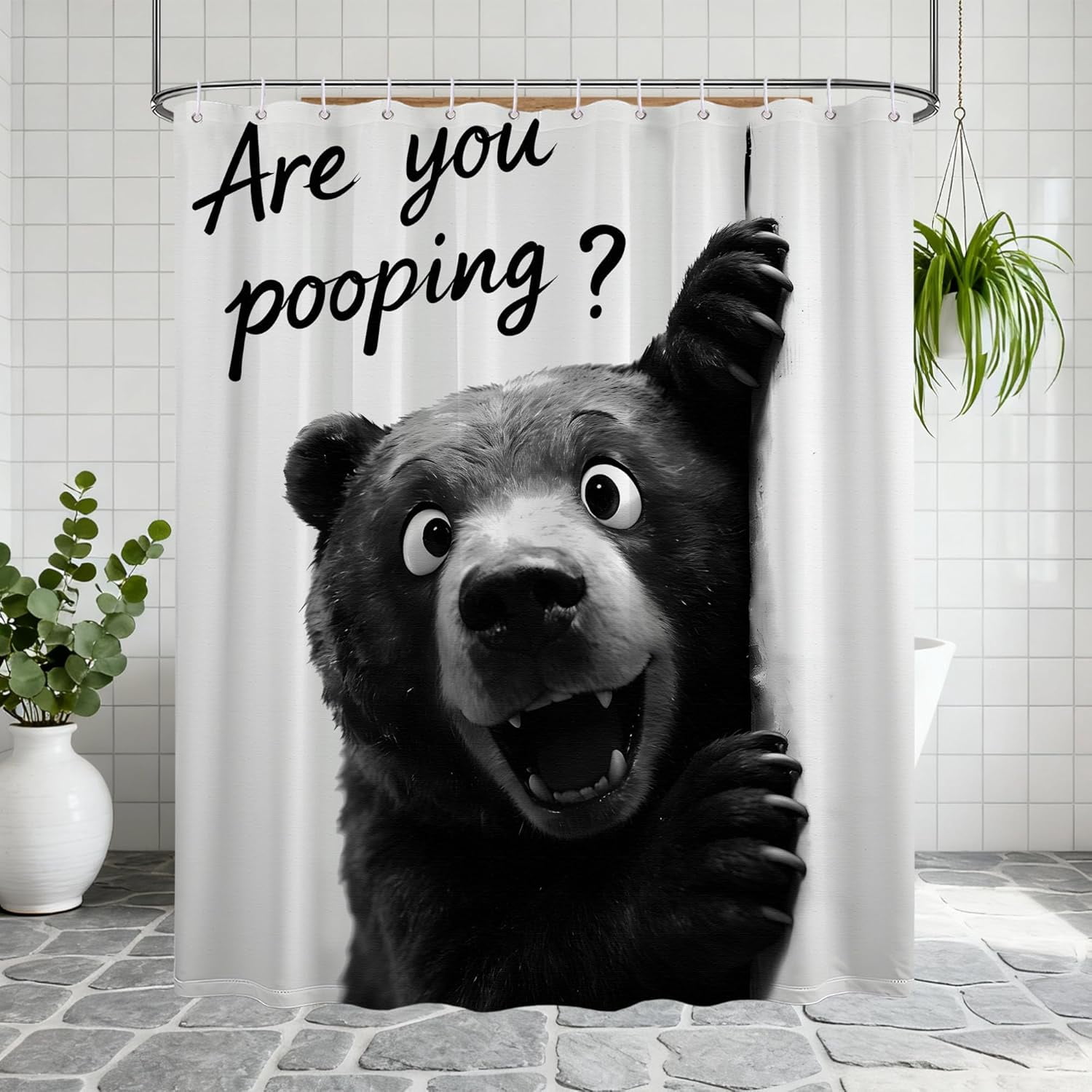 Funny Black Bear Shower Curtain Novelty Animal Safari Wildlife Shower Curtains for Kids Bathroom Decor Sets, Waterproof Cloth Fabric with Hooks, 70x72 Inch
