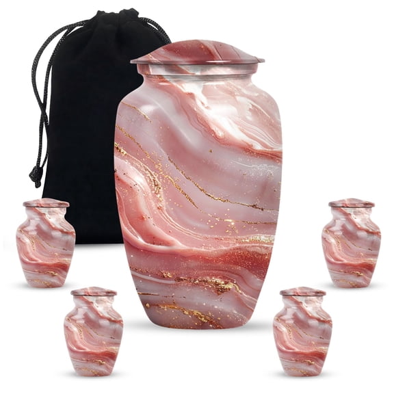 Rose Gold Abstract Urn - Memorial Urns for Dad - Cremation Urns for Human Ashes Adult Full Size - Funeral Ashes Keepsake - Combo of 1 Large Urn with Velvet Bag and 4 Small Keepsake