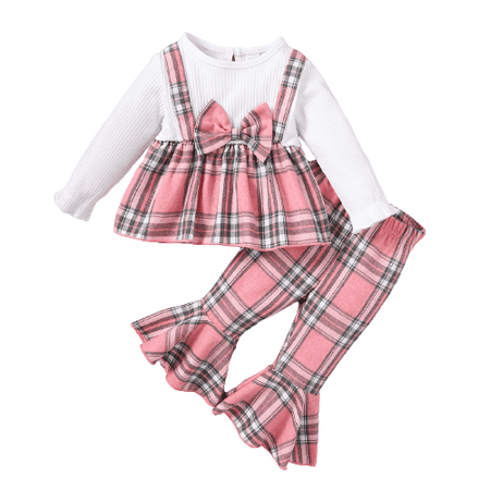 

Mikrdoo Baby Girls Clothes Long Sleeve Plaid Tops Bell-bottomed Pants 2Pcs Winter Outfits Pink 18-24 Months