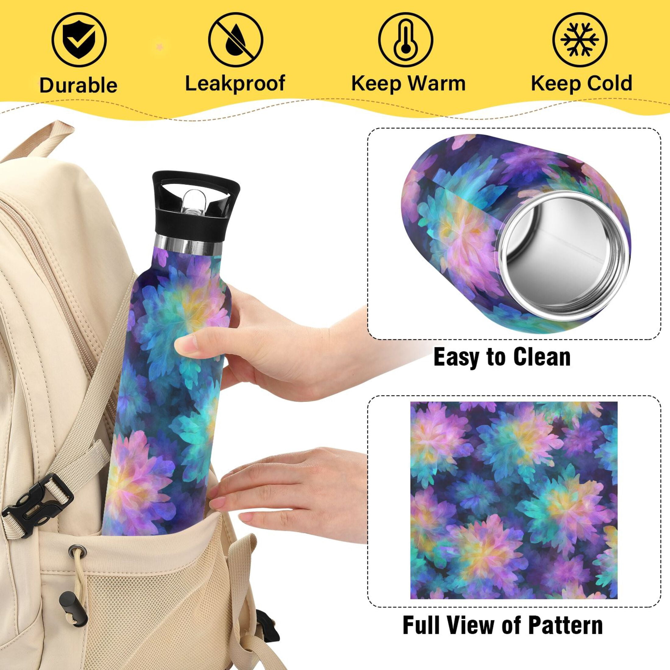 600ML Stainless Steel Insulated Cup Sports Water Bottle Portable Thermos Cup Water Glasses Insulated Tumblers Convenient and Durable Purple Tie-dye