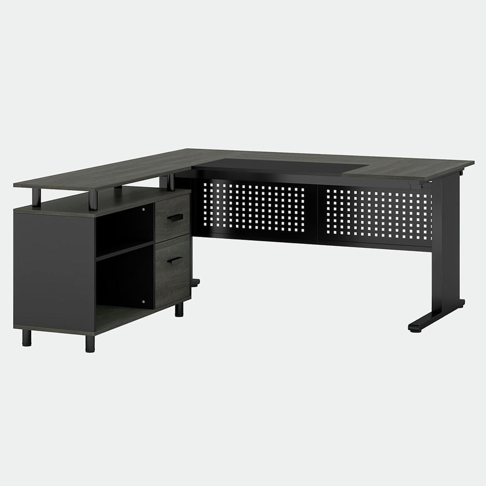 Barara King Home Office Desk, Computer Desk,Industrial L-Shaped Desk, 63" Computer Executive Desk with File Cabinet, Gray & Black