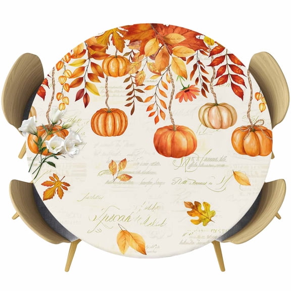Pumpkins Fall Round Tablecloth, Fitted Table Cover with Elastic for 55"-60" Round Tables, Thanksgiving Orange Maple Leaf Table Cloth Outdoor Indoor Dinning Party Waterproof Tablecloths